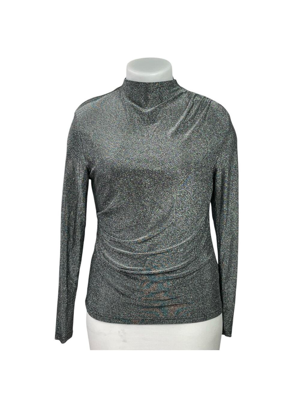 TU Silver Metallic Sparkle Ruched Mock Neck Long Sleeve T-Shirt Blouse Top Sz 16